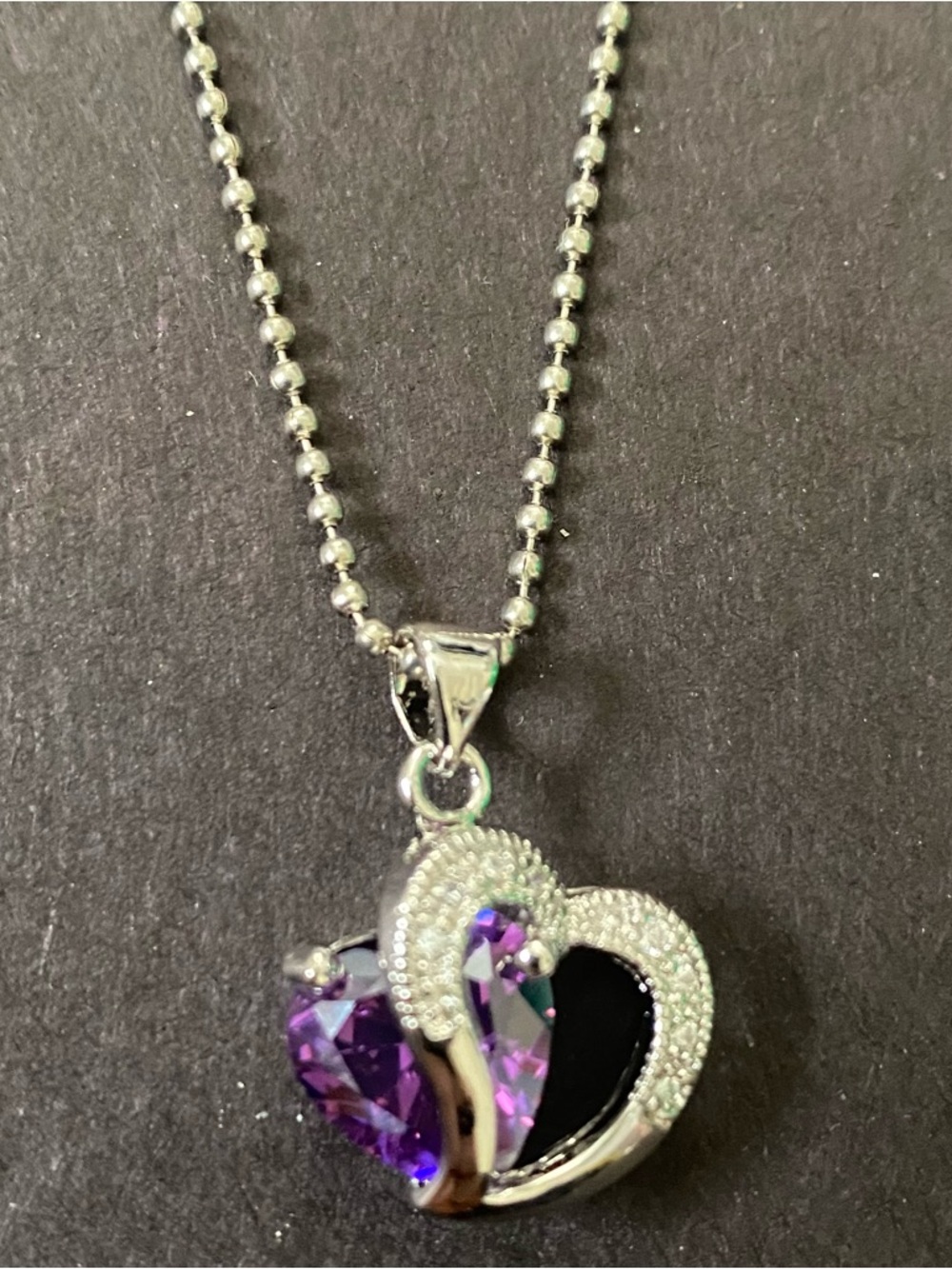 * Amethyst Crystal Heart Silver Pendant 16” Necklace NEW